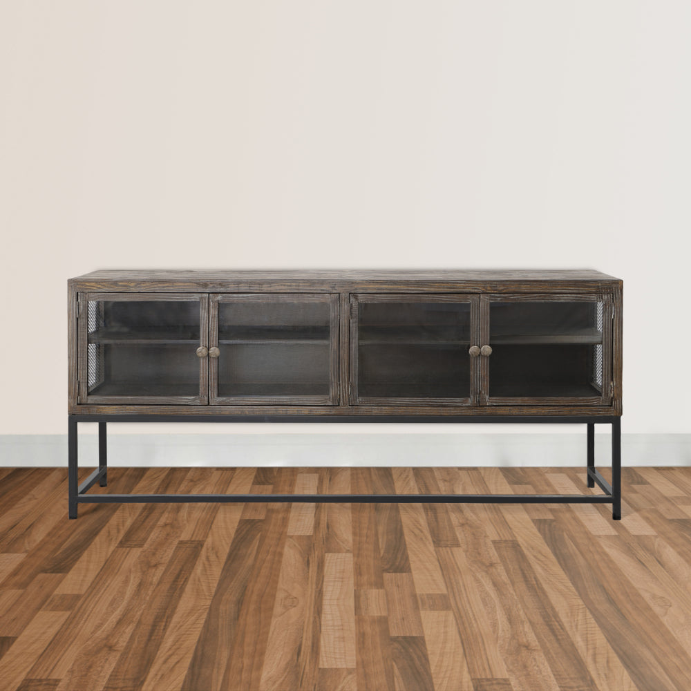 71 Inch Rustic Media Console TV Stand 4 Glass Panel Doors Solid Wood Metal Frame Brown and Black By The Urban Port UPT-248010