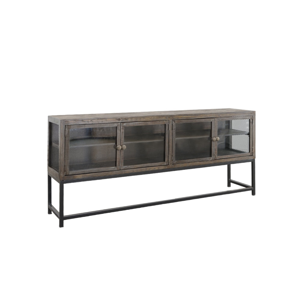 71 Inch Rustic Media Console TV Stand 4 Glass Panel Doors Solid Wood Metal Frame Brown and Black By The Urban Port UPT-248010