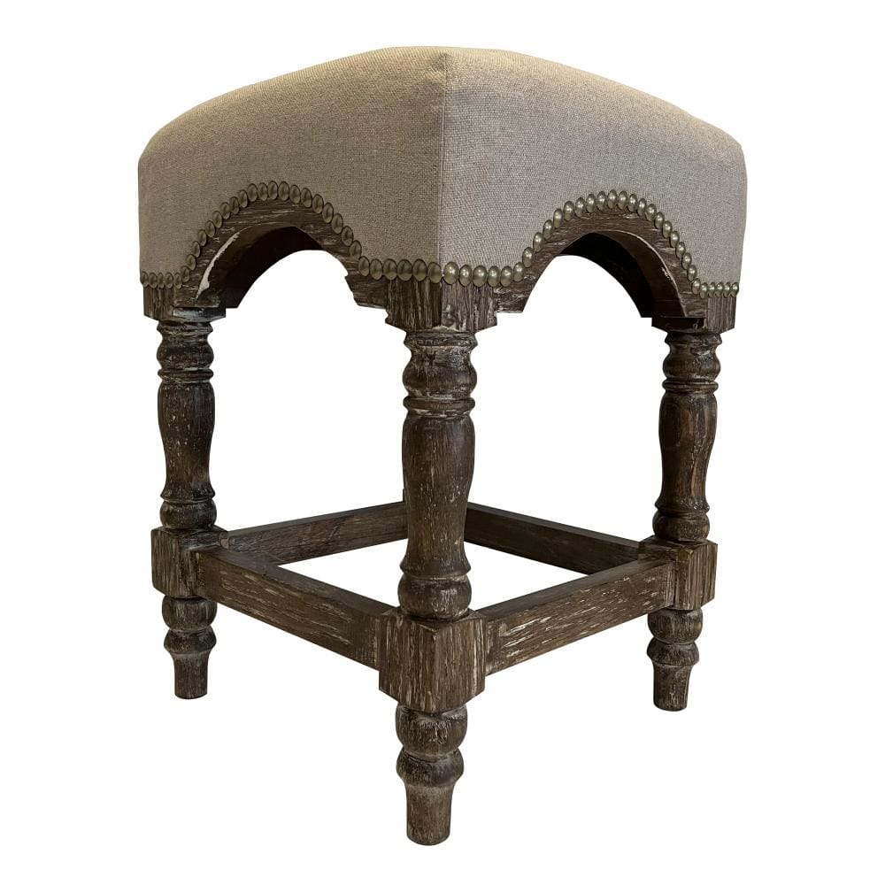 24 Inch Leatherette Stool with Wooden Frame and Nailheads Gray and Brown By The Urban Port UPT-248012