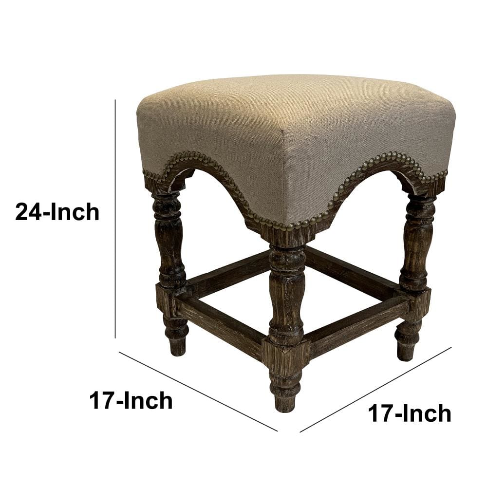 24 Inch Leatherette Stool with Wooden Frame and Nailheads Gray and Brown By The Urban Port UPT-248012