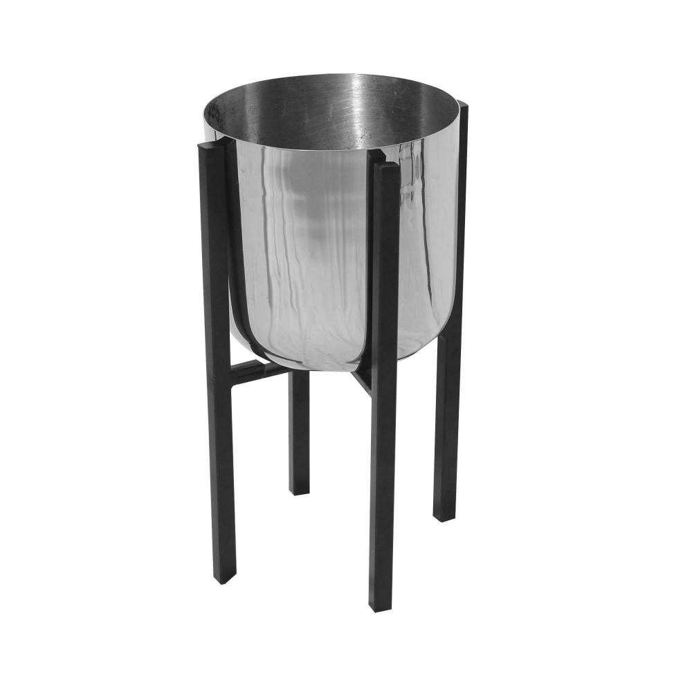 Iron Plant Stand with Bowl Shape and Tubular Metal Frame Set of 2 Silver and Black By The Urban Port UPT-248041