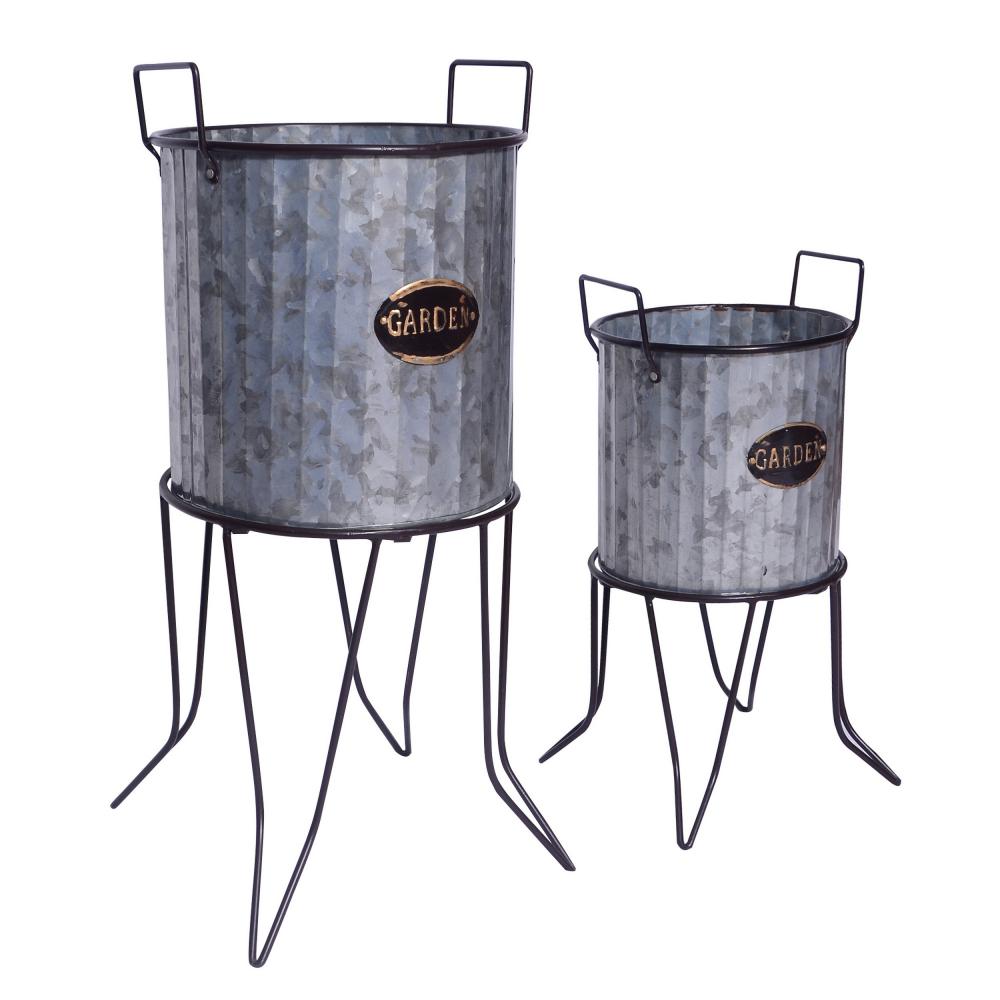 Galvanized Plant Stand with Corrugated Design and Metal Frame Set of 2 Metallic Gray By The Urban Port UPT-248044