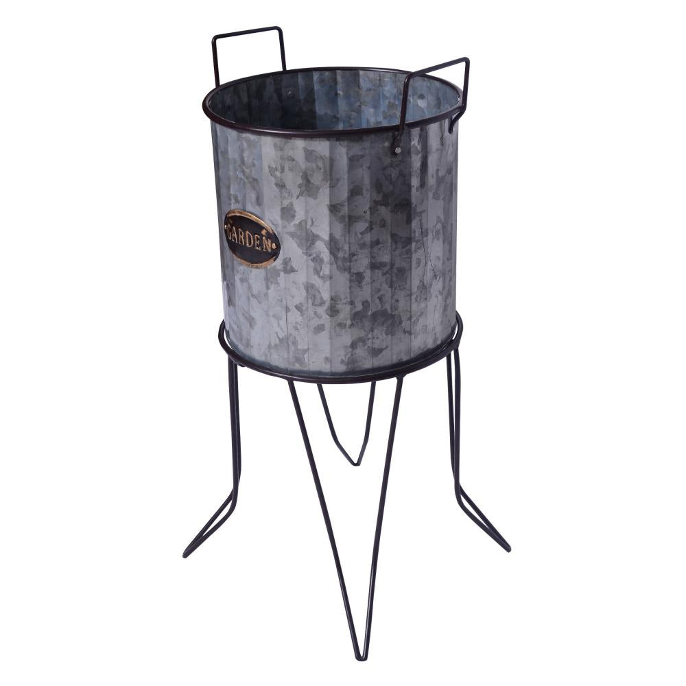 Galvanized Plant Stand with Corrugated Design and Metal Frame Set of 2 Metallic Gray By The Urban Port UPT-248044