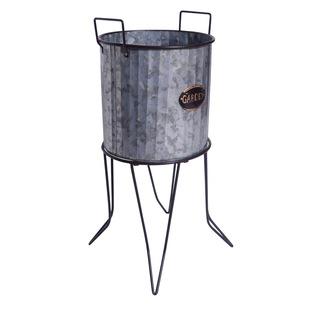 Galvanized Plant Stand with Corrugated Design and Metal Frame Set of 2 Metallic Gray By The Urban Port UPT-248044