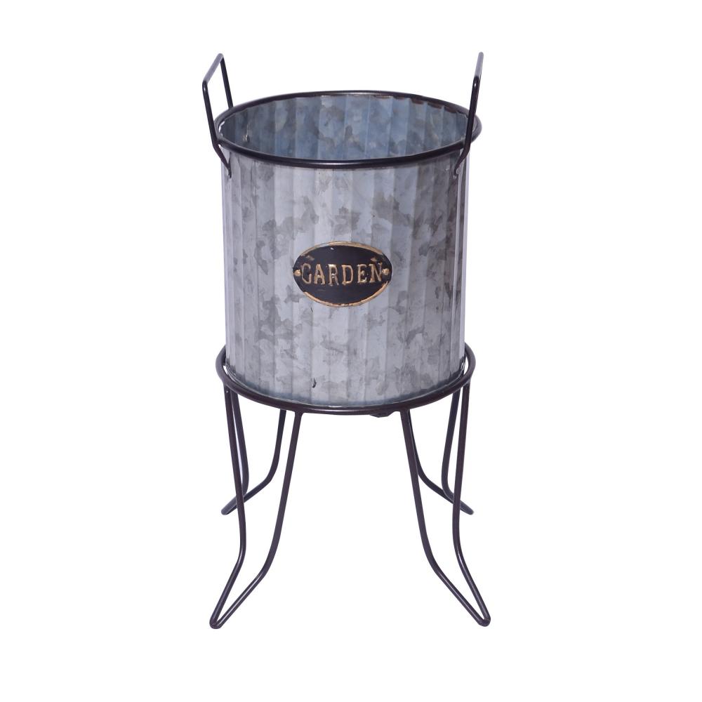 Galvanized Plant Stand with Corrugated Design and Metal Frame Set of 2 Metallic Gray By The Urban Port UPT-248044