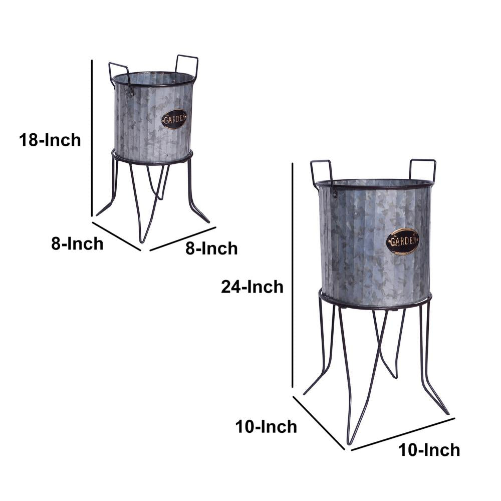 Galvanized Plant Stand with Corrugated Design and Metal Frame Set of 2 Metallic Gray By The Urban Port UPT-248044