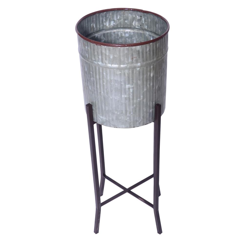 Galvanized Plant Stand with Corrugated Design and Metal Frame Set of 2 Antique Silver By The Urban Port UPT-248045