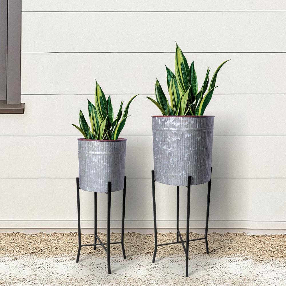 Galvanized Plant Stand with Corrugated Design and Metal Frame Set of 2 Antique Silver By The Urban Port UPT-248045