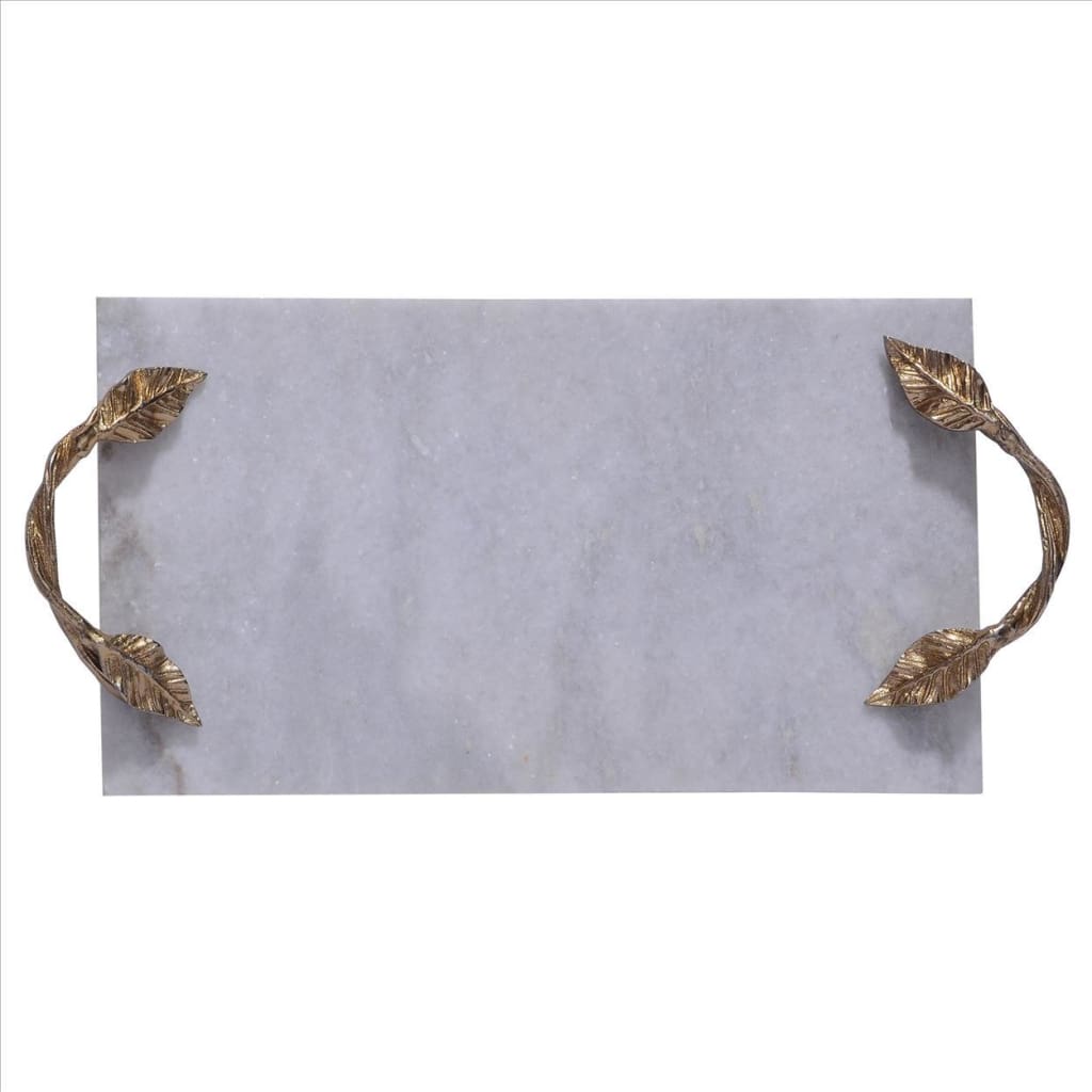 Decor Tray with Marble Frame and Carved Metal Handles White and Gold By The Urban Port UPT-248051