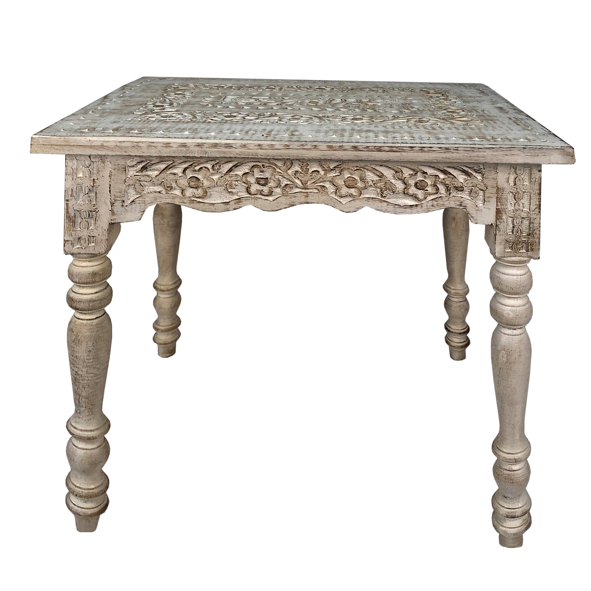 Wooden Side Table with Carved Rectangular Top and Turned Legs Antique White By The Urban Port By The Urban Port UPT-248150