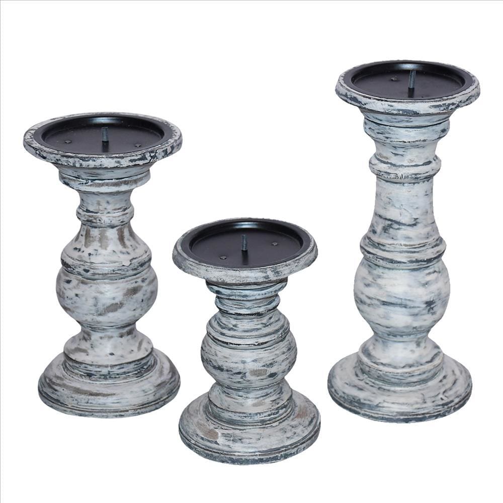 Wooden Candleholder with Turned Pedestal Base Set of 3 Distressed White and Black By The Urban Port UPT-249271