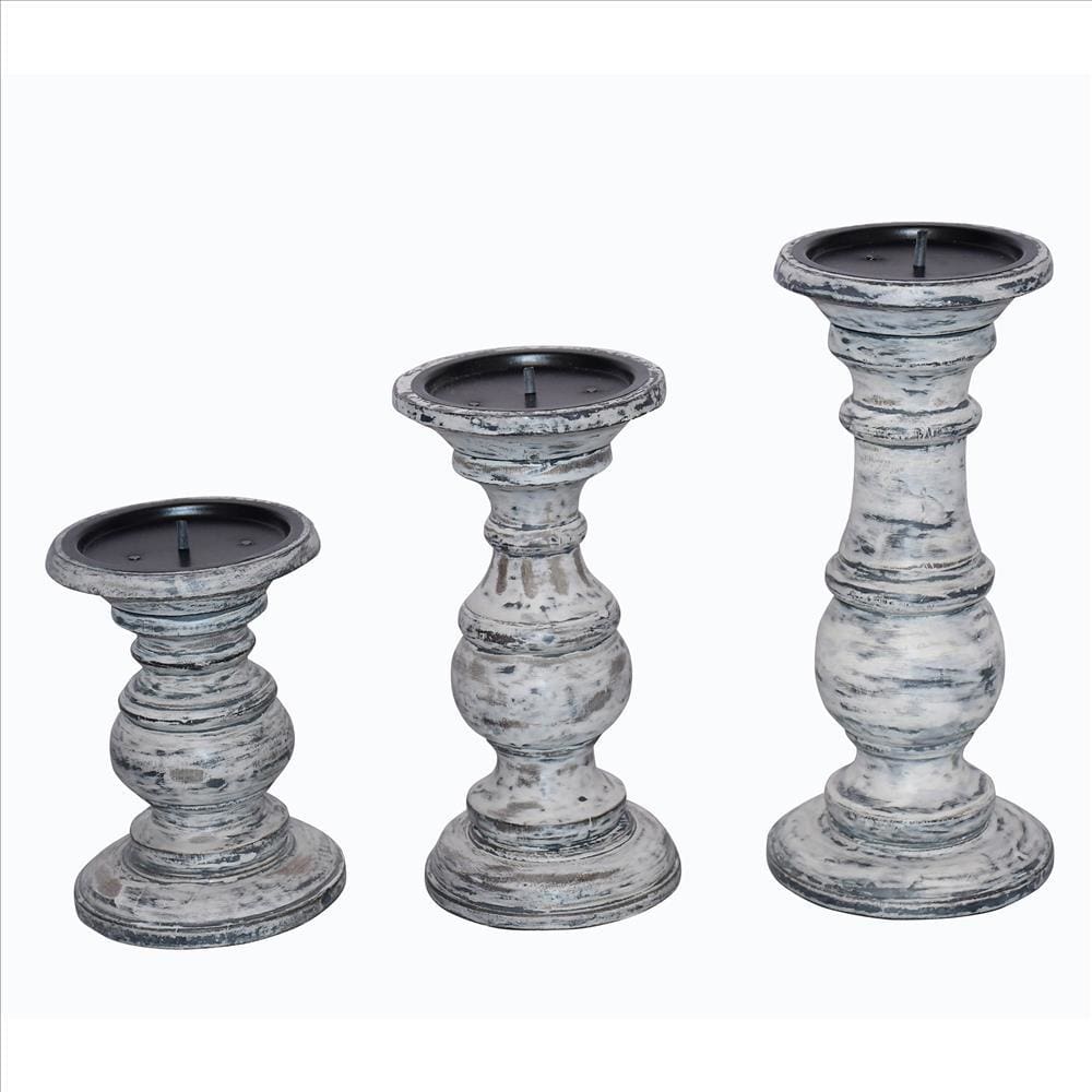 Wooden Candleholder with Turned Pedestal Base Set of 3 Distressed White and Black By The Urban Port UPT-249271