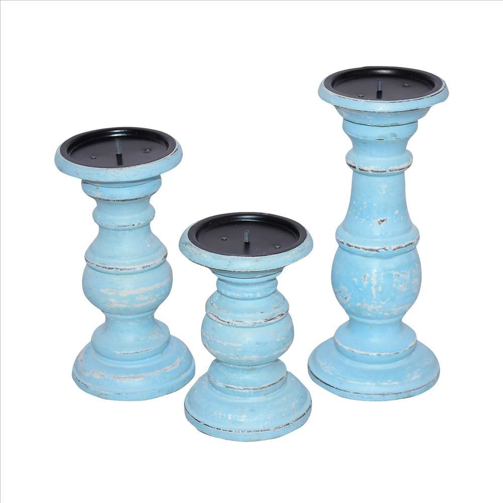 Wooden Candleholder with Turned Pedestal Base Set of 3 Distressed Blue By The Urban Port UPT-249273