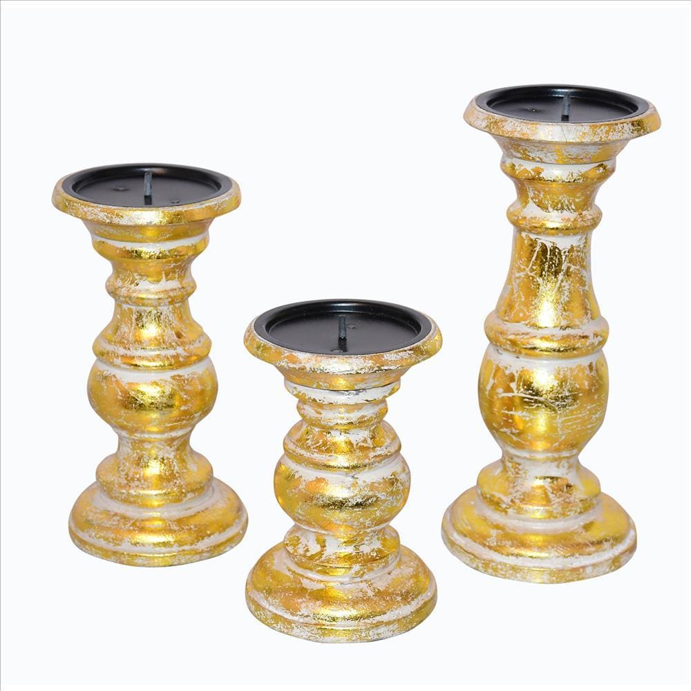 Wooden Candleholder with Turned Pedestal Base Set of 3 Distressed Gold By The Urban Port UPT-249274