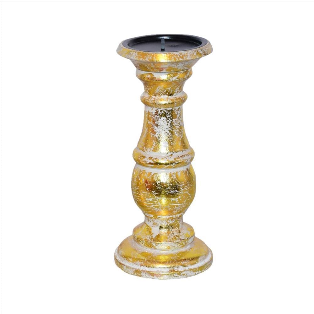 Wooden Candleholder with Turned Pedestal Base Set of 3 Distressed Gold By The Urban Port UPT-249274