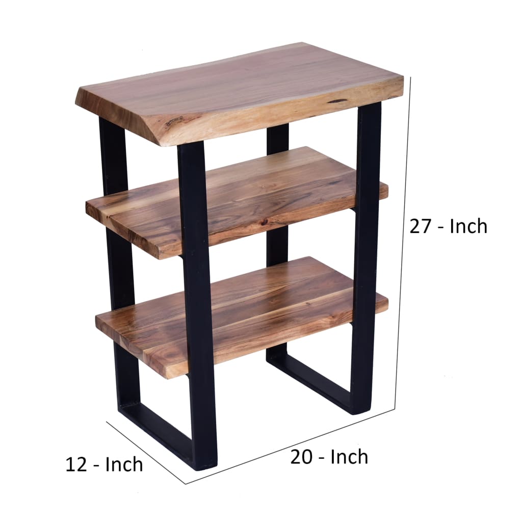 20 Inches Industrial End Side Table with Artisinal Live Edge Wood Metal Legs Brown Black By The Urban Port UPT-250418