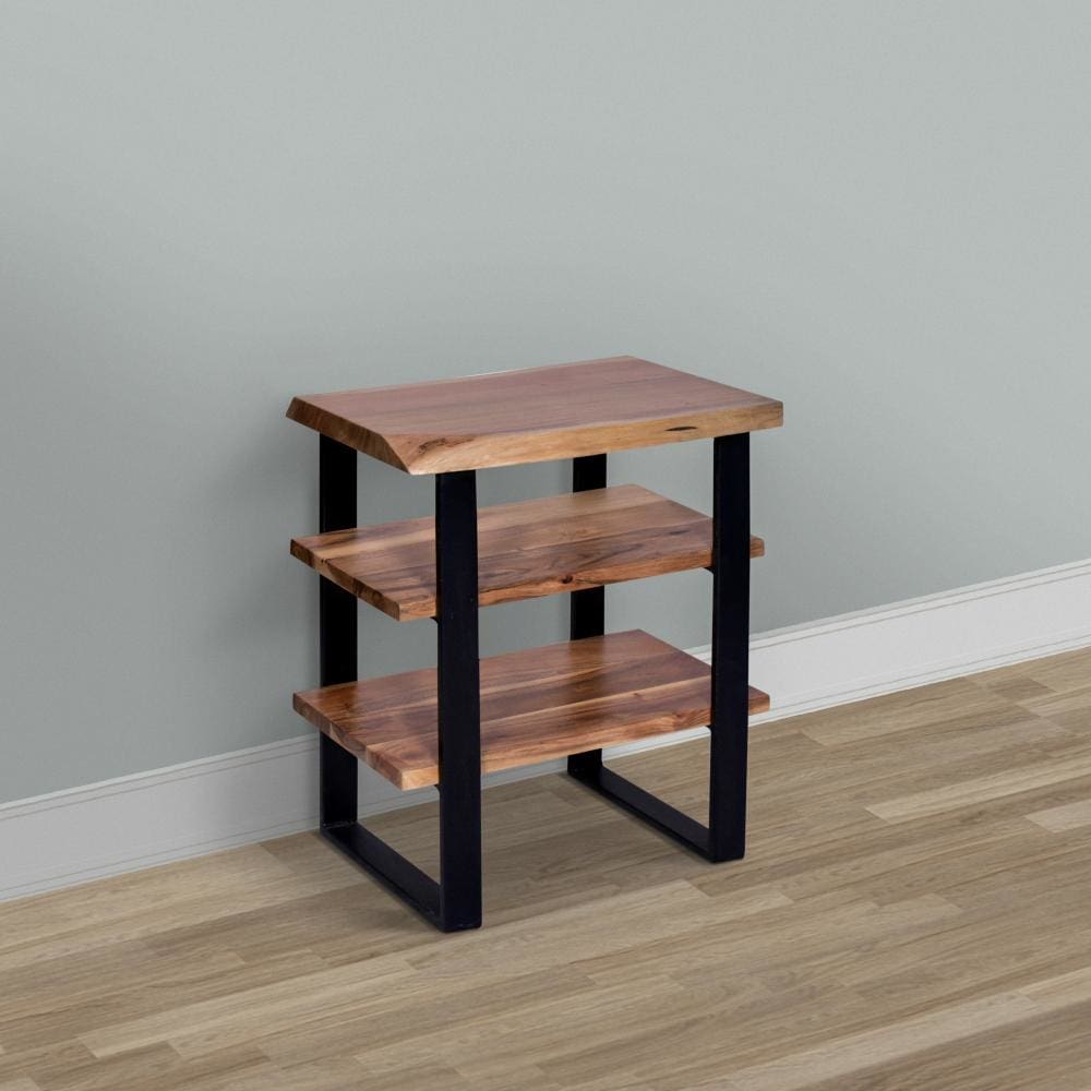 20 Inches Industrial End Side Table with Artisinal Live Edge Wood Metal Legs Brown Black By The Urban Port UPT-250418