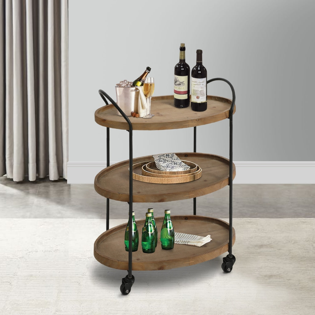 23 Inch Wood Bar Cart with 3 Tier Storage Trays and Metal Frame Brown By The Urban Port UPT-250424