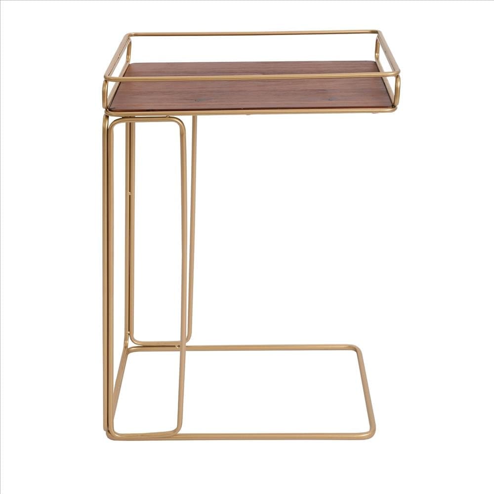 C Shaped Side Table with Metal Frame Brown and Gold By The Urban Port UPT-250426