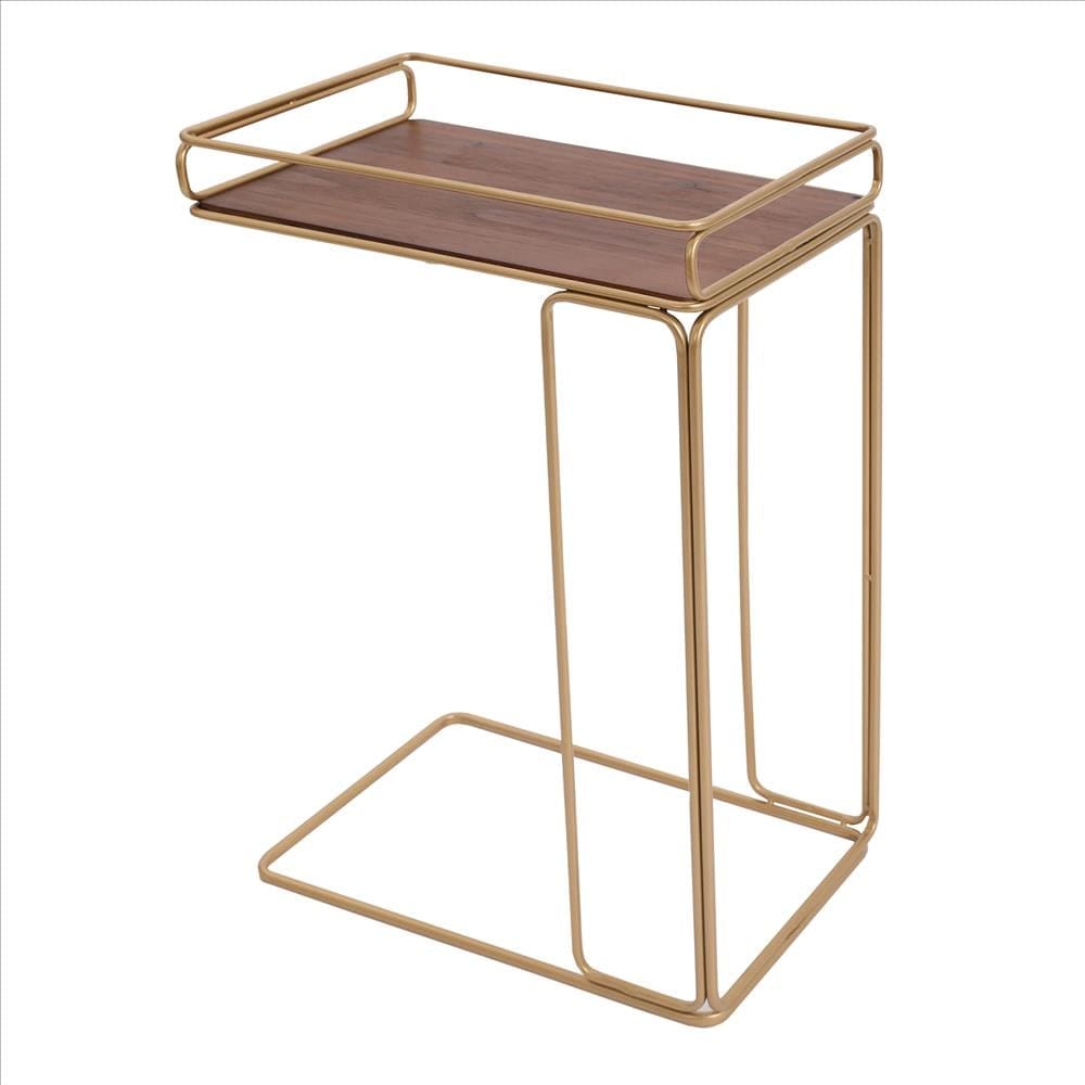 C Shaped Side Table with Metal Frame Brown and Gold By The Urban Port UPT-250426