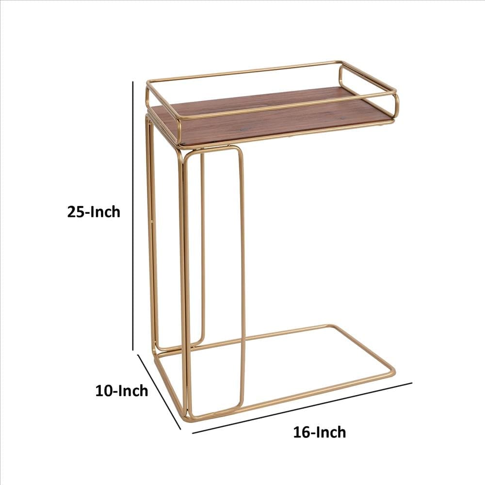 C Shaped Side Table with Metal Frame Brown and Gold By The Urban Port UPT-250426