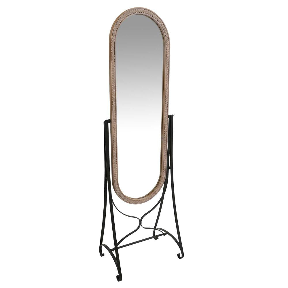 64 Inch Tall Adjustable Floor Mirror with Oval Carved Wood Frame and Metal Stand Brown By The Urban Port UPT-250428