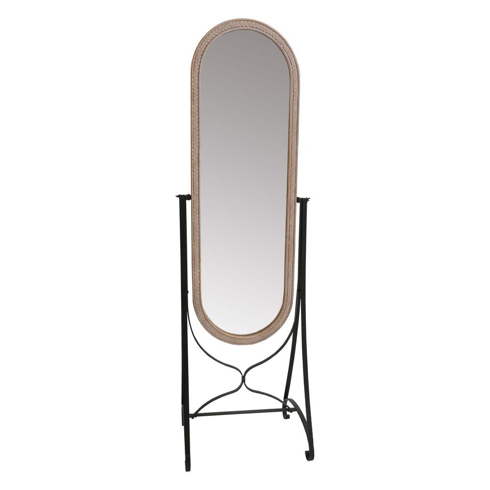 64 Inch Tall Adjustable Floor Mirror with Oval Carved Wood Frame and Metal Stand Brown By The Urban Port UPT-250428