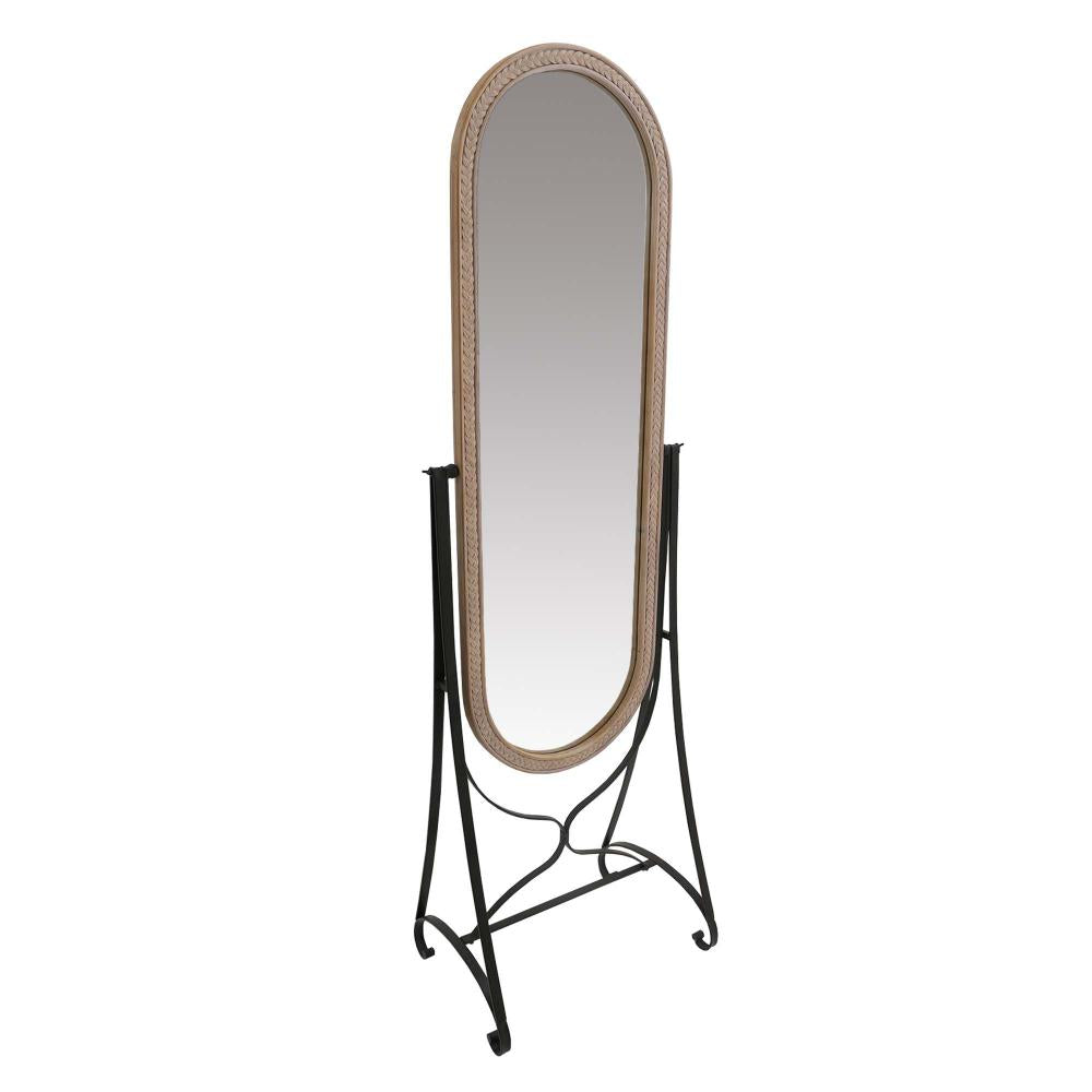 64 Inch Tall Adjustable Floor Mirror with Oval Carved Wood Frame and Metal Stand Brown By The Urban Port UPT-250428