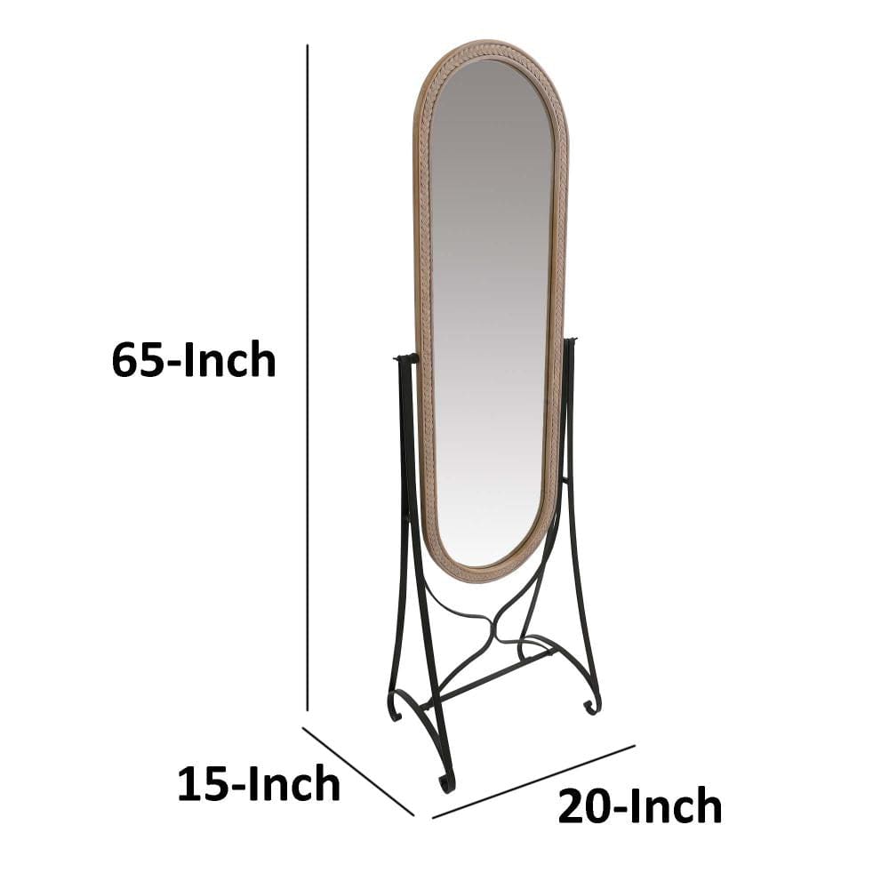 64 Inch Tall Adjustable Floor Mirror with Oval Carved Wood Frame and Metal Stand Brown By The Urban Port UPT-250428