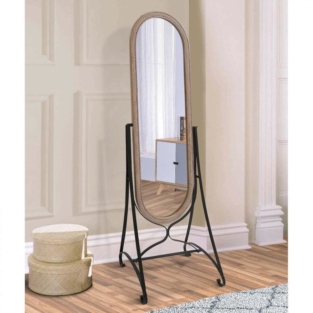 64 Inch Tall Adjustable Floor Mirror with Oval Carved Wood Frame and Metal Stand Brown By The Urban Port UPT-250428