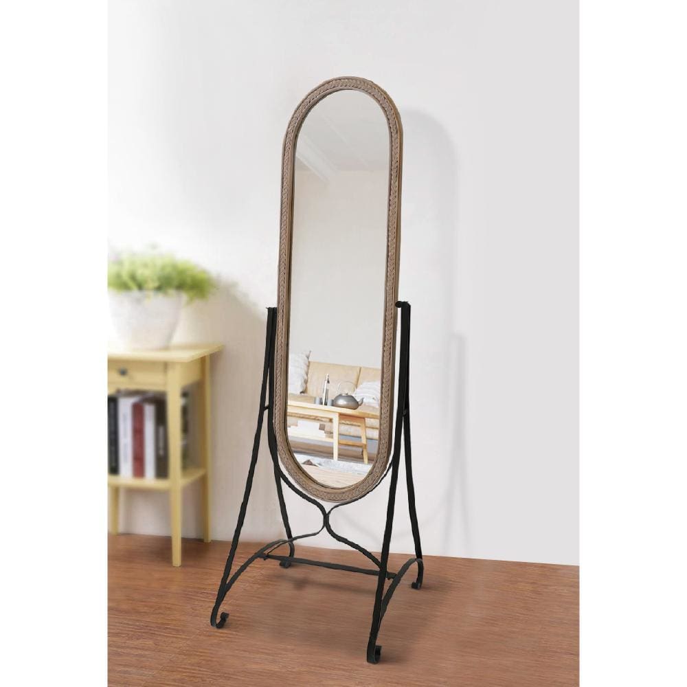 64 Inch Tall Adjustable Cheval Mirror with Oval Carved Wood Frame and Metal Stand, Brown By The Urban Port