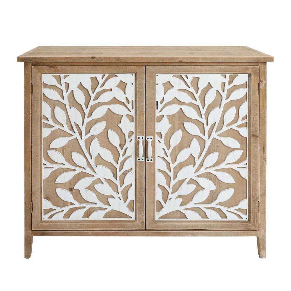 Wooden Storage Cabinet with 2 Doors and Floral Mirror Trim Brown By The Urban Port UPT-250433