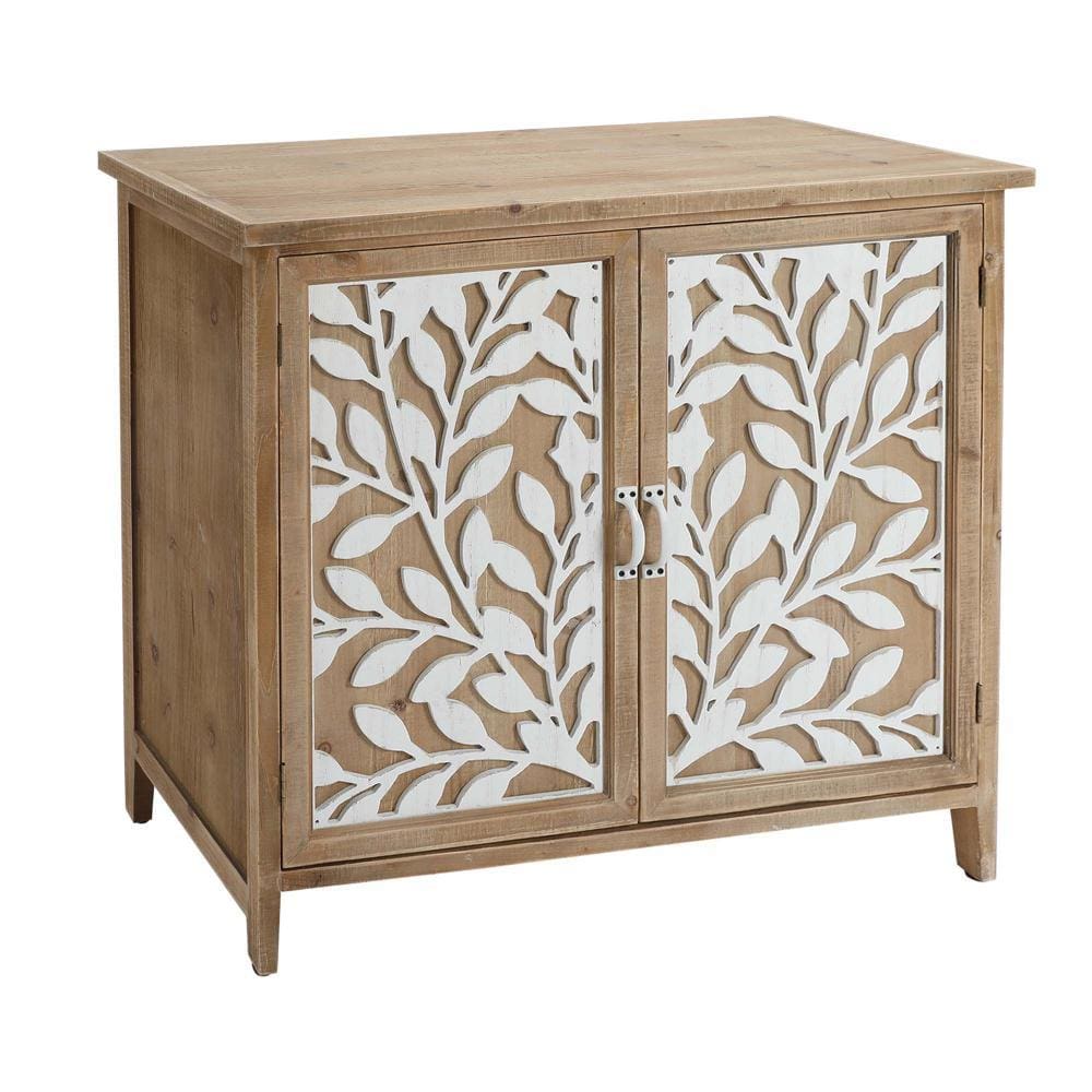 Wooden Storage Cabinet with 2 Doors and Floral Mirror Trim Brown By The Urban Port UPT-250433