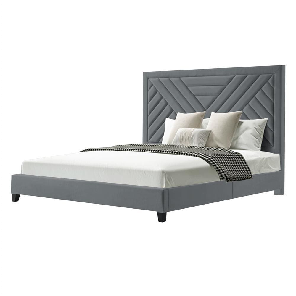 Queen Bed with Fabric Upholstery and Channel Tufted Headboard Charcoal Gray By The Urban Port UPT-262086