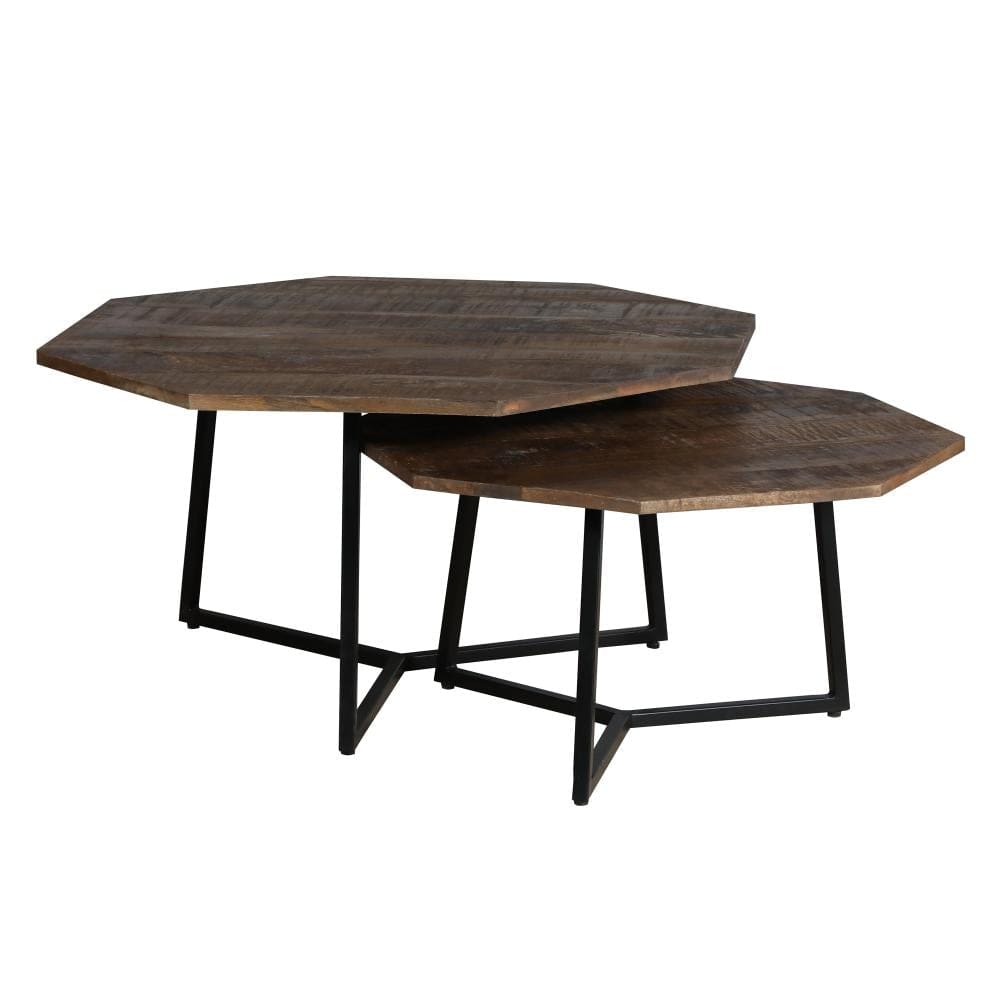 35 28 Inch 2 Piece Nesting Coffee Table Set Octagon Top Mango Wood Brown and Black By The Urban Port UPT-262386