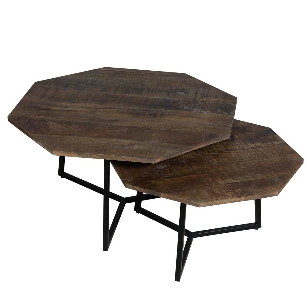 35 28 Inch 2 Piece Nesting Coffee Table Set Octagon Top Mango Wood Brown and Black By The Urban Port UPT-262386