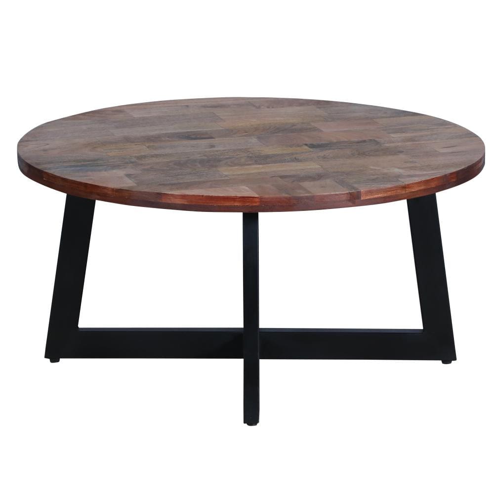 31 Inch Round Mango Wood Farmhouse Coffee Table X Shape Iron Frame Brown Black By The Urban Port UPT-262388