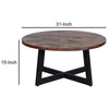 31 Inch Round Mango Wood Farmhouse Coffee Table X Shape Iron Frame Brown Black By The Urban Port UPT-262388