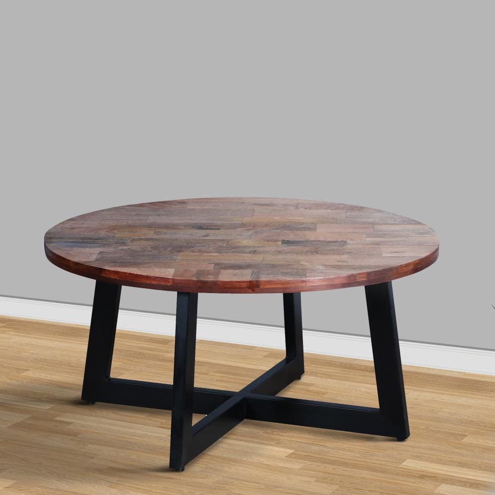 31 Inch Round Mango Wood Farmhouse Coffee Table X Shape Iron Frame Brown Black By The Urban Port UPT-262388