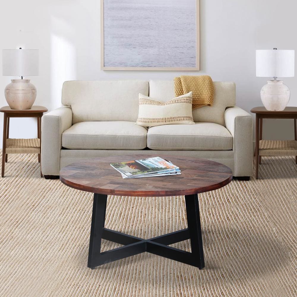 31 Inch Round Mango Wood Farmhouse Coffee Table X Shape Iron Frame Brown Black By The Urban Port UPT-262388