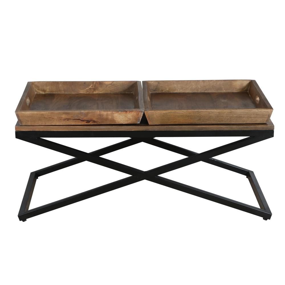 38 Inch Rectangular Mango Wood Farmhouse Coffee Table 2 Trays X Iron Base Brown and Black By The Urban Port UPT-262389