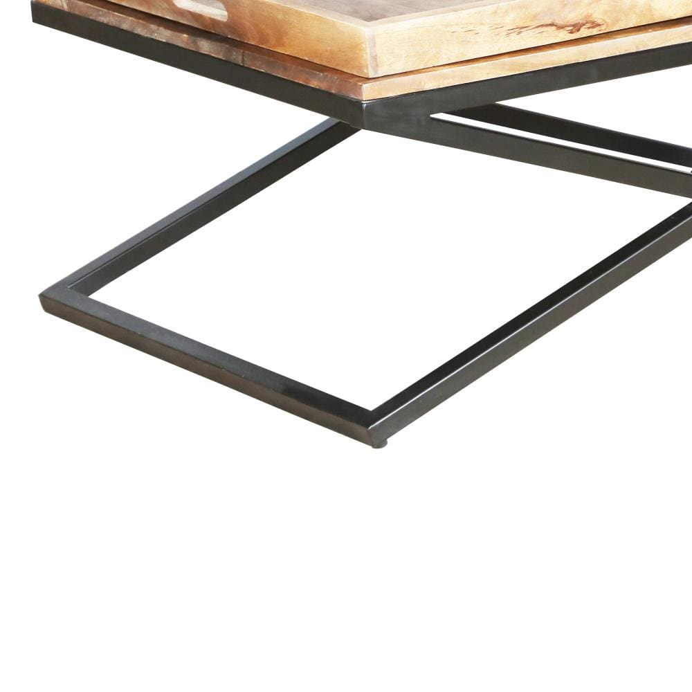 38 Inch Rectangular Mango Wood Farmhouse Coffee Table 2 Trays X Iron Base Brown and Black By The Urban Port UPT-262389