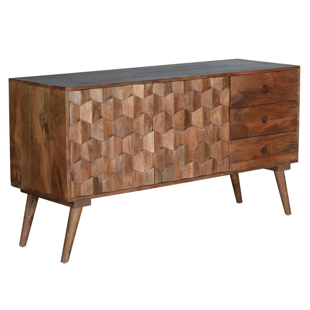 Ero 55 Inch Sideboard Buffet Cabinet 2 Honeycomb Inlaid Doors Mango Wood Natural Brown By The Urban Port UPT-262391