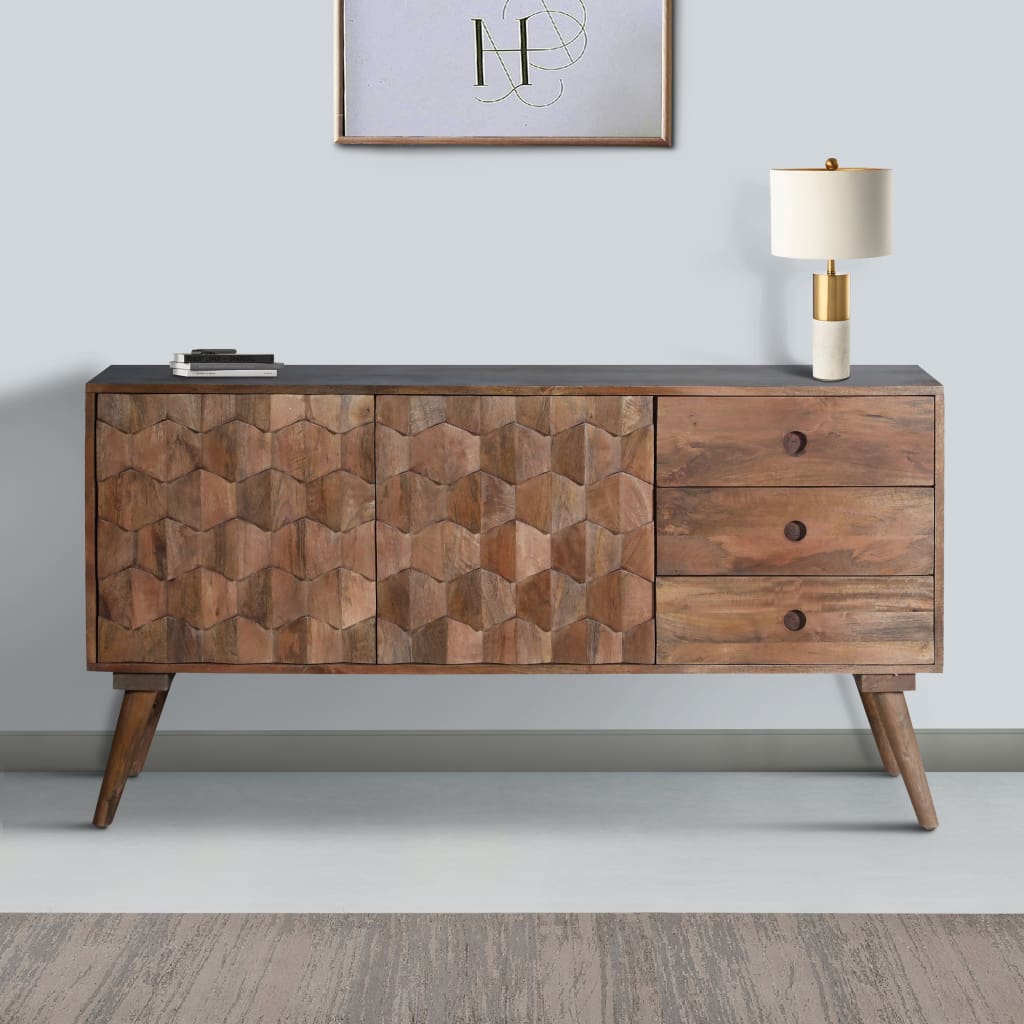 Ero 55 Inch Sideboard Buffet Cabinet 2 Honeycomb Inlaid Doors Mango Wood Natural Brown By The Urban Port UPT-262391