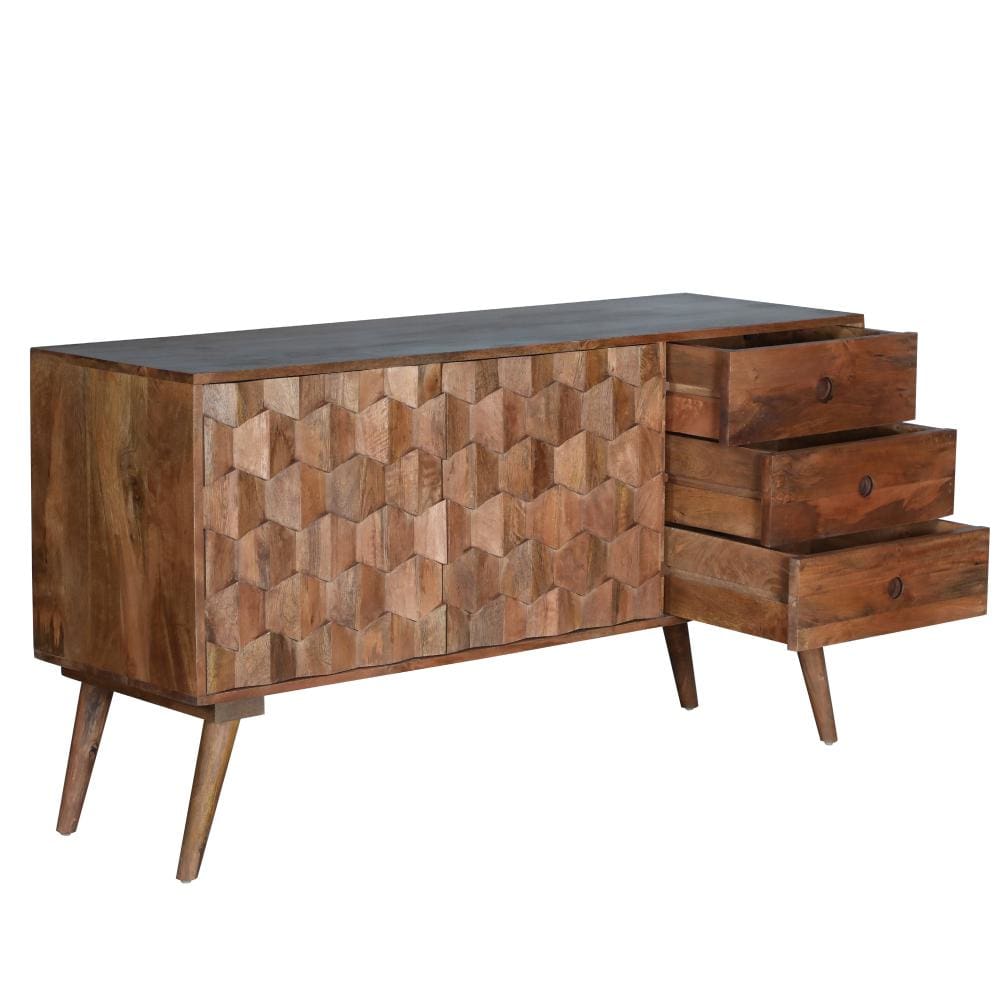 Ero 55 Inch Sideboard Buffet Cabinet 2 Honeycomb Inlaid Doors Mango Wood Natural Brown By The Urban Port UPT-262391