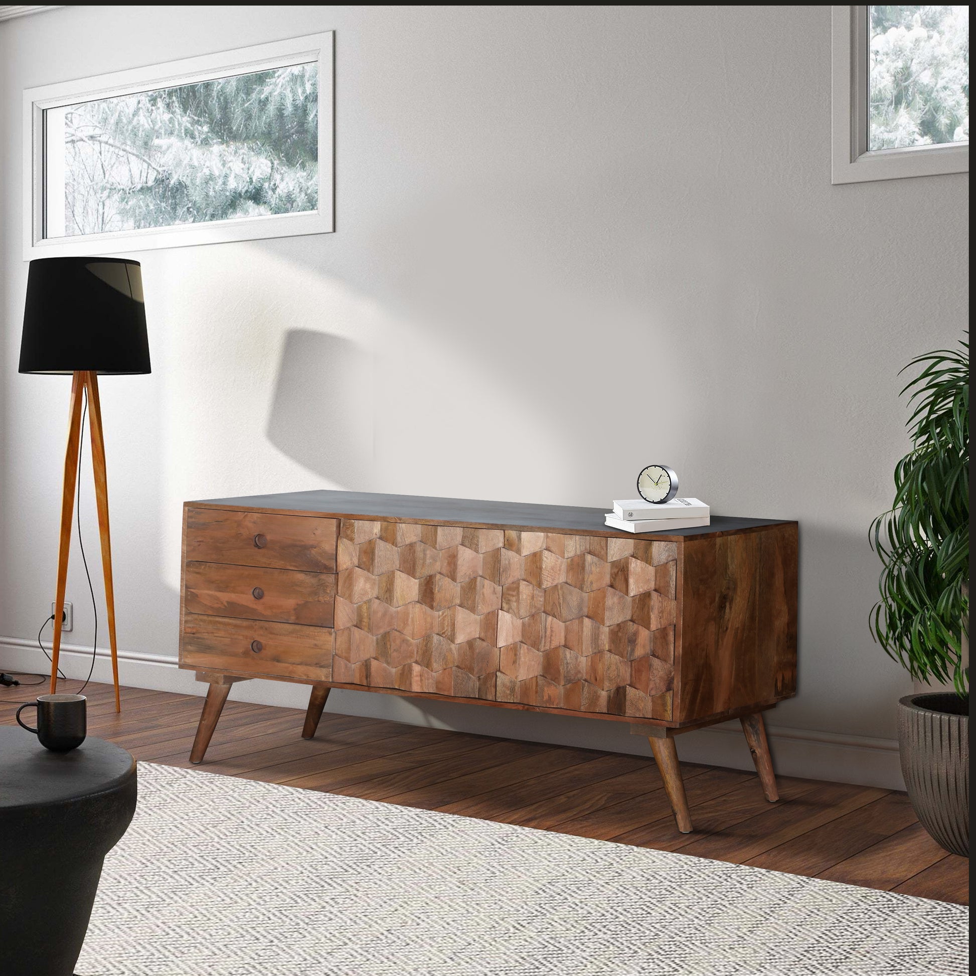 Ero 55 Inch Sideboard Buffet Cabinet 2 Honeycomb Inlaid Doors Mango Wood Natural Brown By The Urban Port UPT-262391