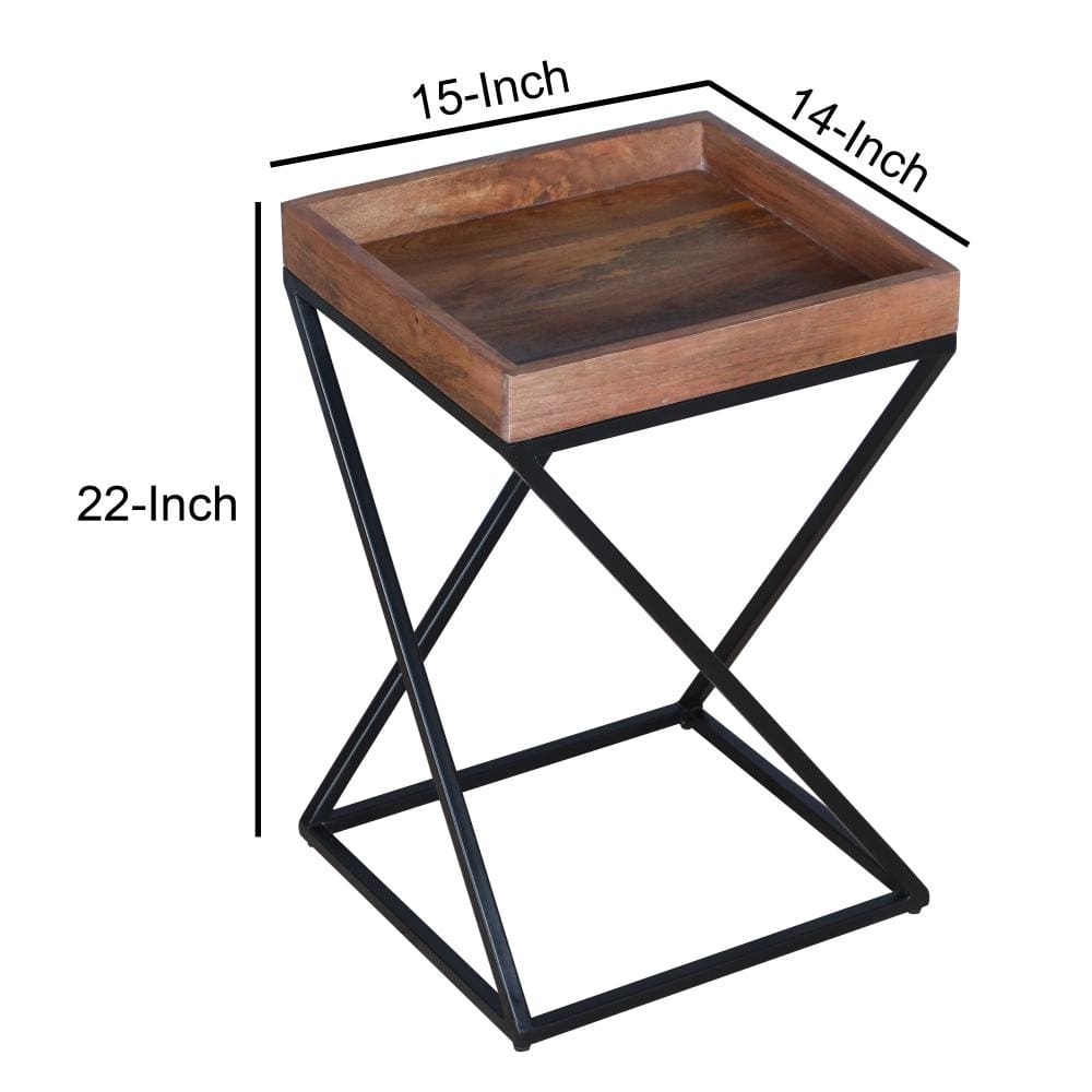 22 Inch Industrial End Side Table with Mango Wood Tray Top X Shape Iron Frame Brown Black By The Urban Port UPT-262393