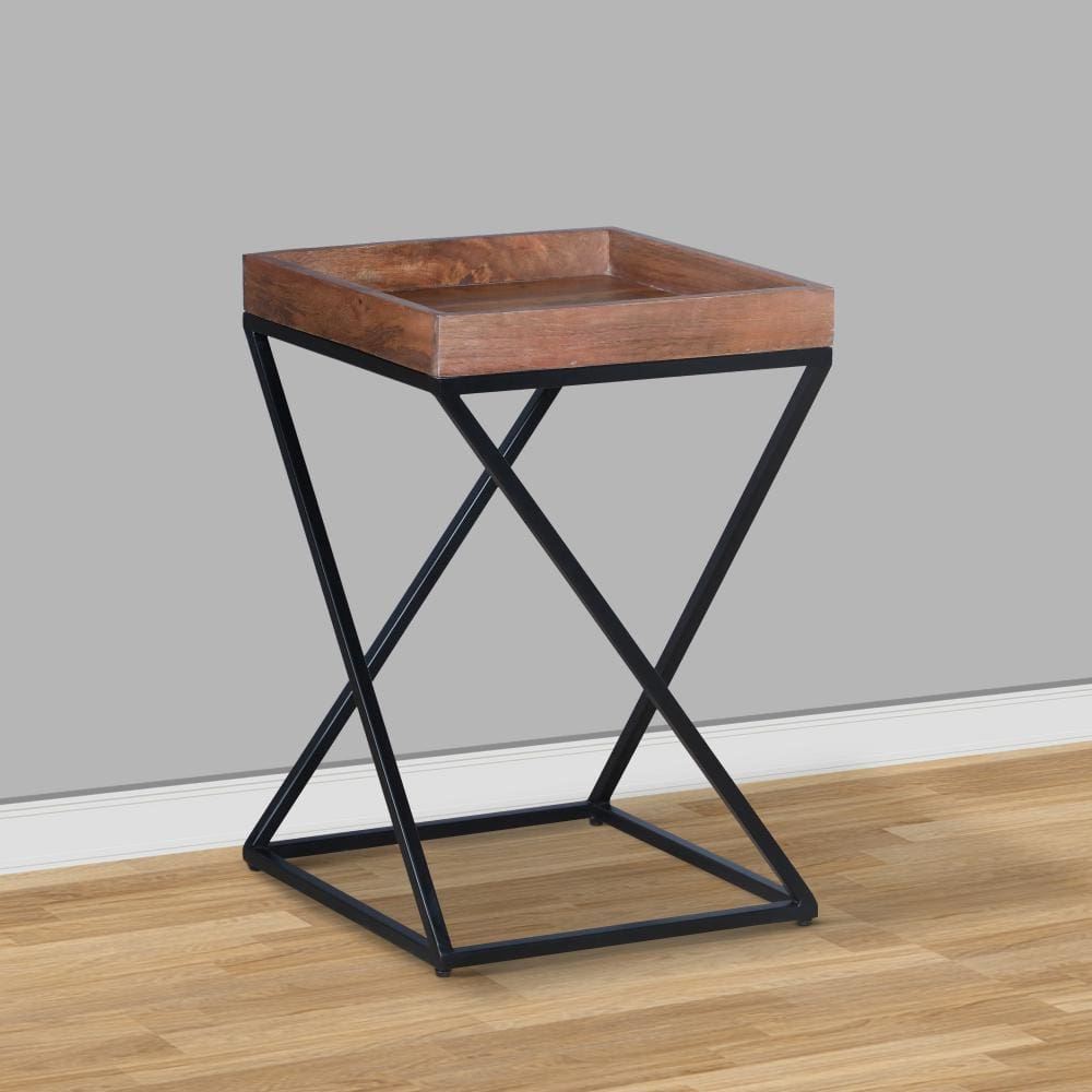 22 Inch Industrial End Side Table with Mango Wood Tray Top X Shape Iron Frame Brown Black By The Urban Port UPT-262393