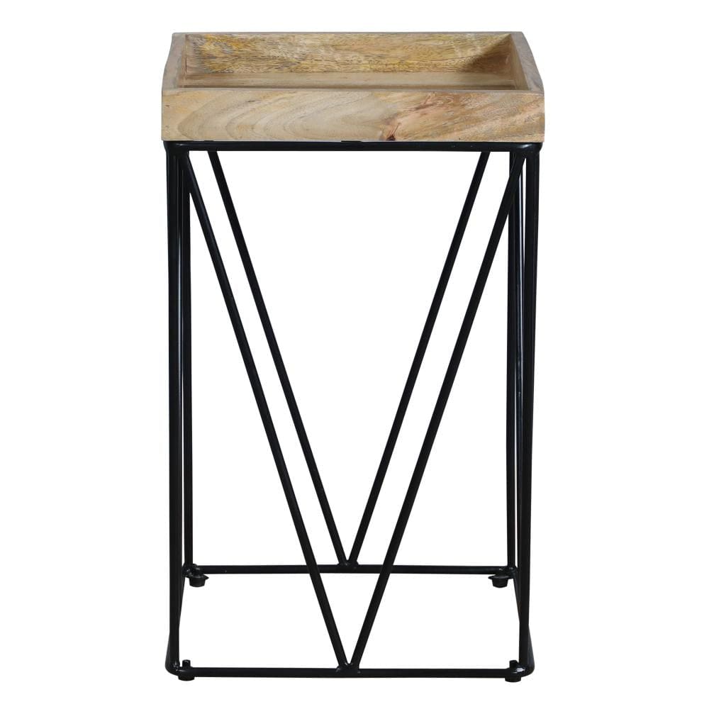 24 Inch Industrial End Side Table Mango Wood Square Tray Top V Shape Iron Accent Brown Black By The Urban Port UPT-262395