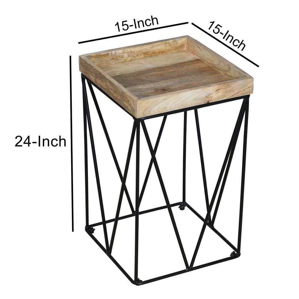 24 Inch Industrial End Side Table Mango Wood Square Tray Top V Shape Iron Accent Brown Black By The Urban Port UPT-262395